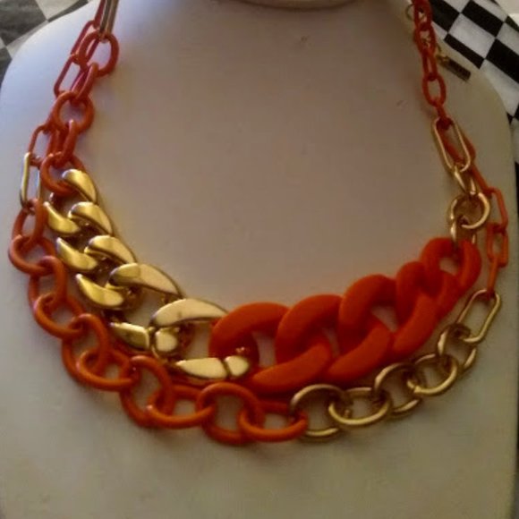 NINE WEST 1980's Inspired Gold/Neon Orange Link Layered Necklace**NEW! - Picture 3 of 5
